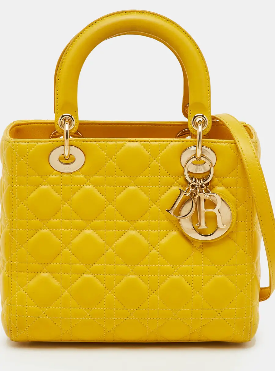 Dior Lady Dior Medium Yellow Leather Tote Bag