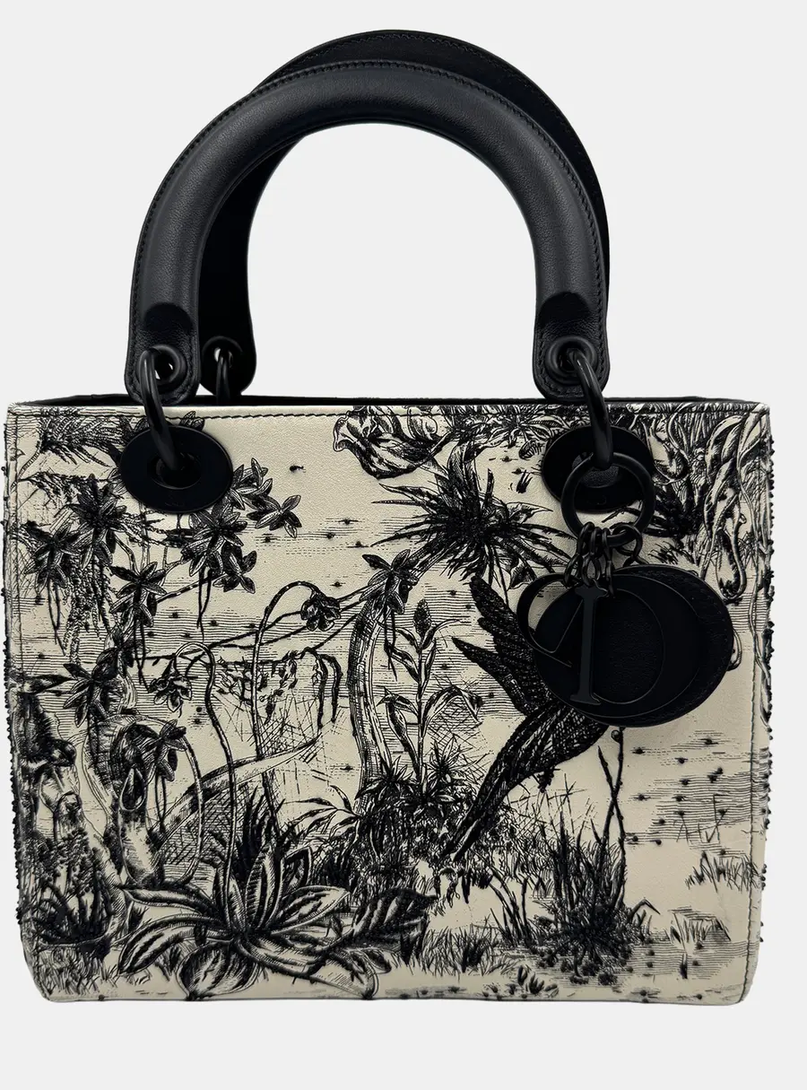 Dior Lady Dior Mini So Black Limited Edition Black White Calfskin Leather Beaded Top Handle Bag