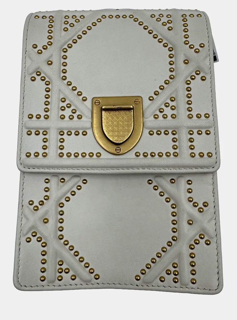 Dior Diorama Vertical Chain Clutch White Leather Studded Bag