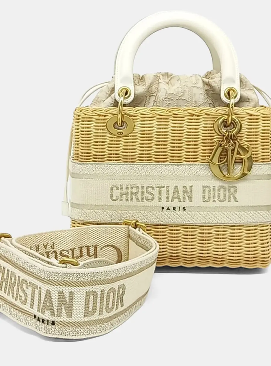 Christian Dior Lady Dior Medium Cream Rattan Canvas Top Handle Bag