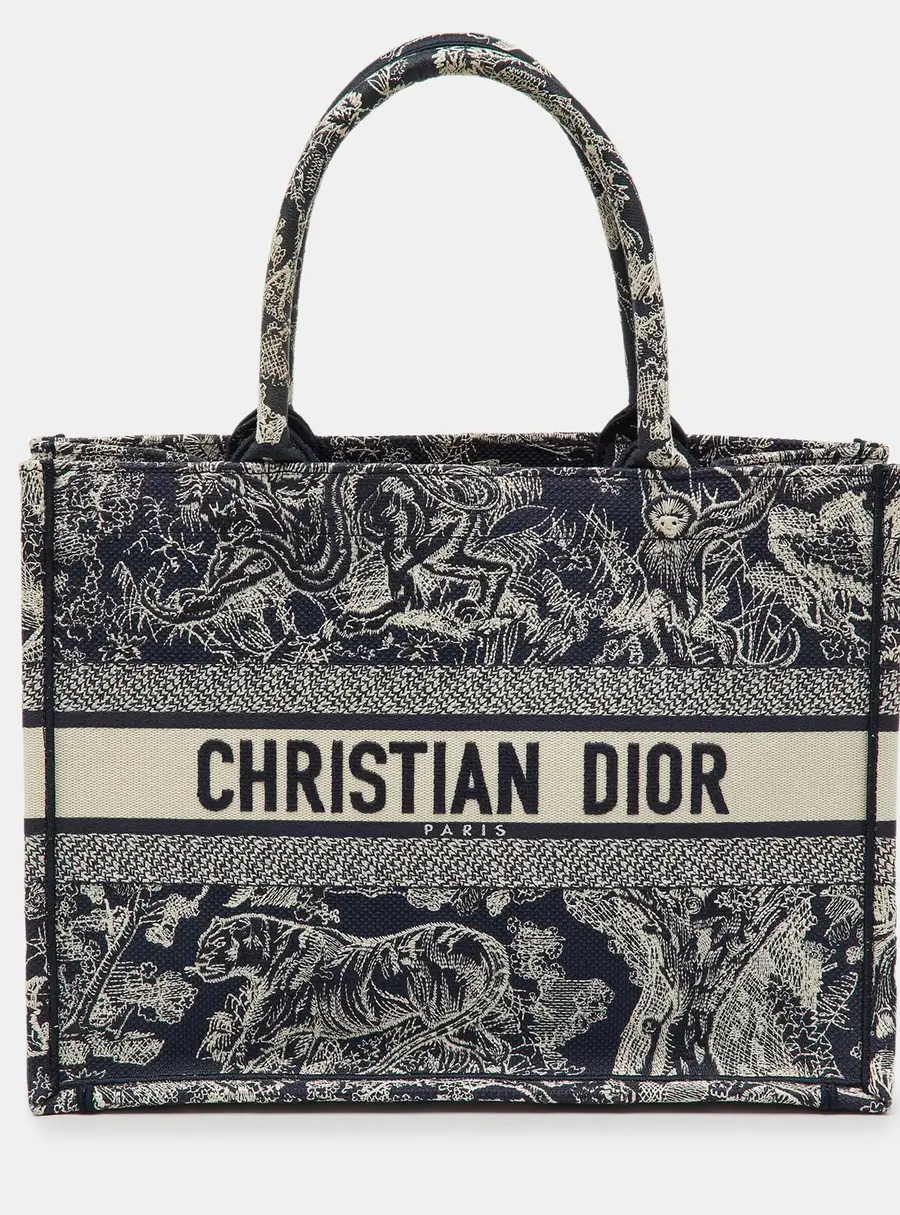 Dior Navy Blue/Beige Toile De Jouy Embroidered Canvas Medium Book Tote