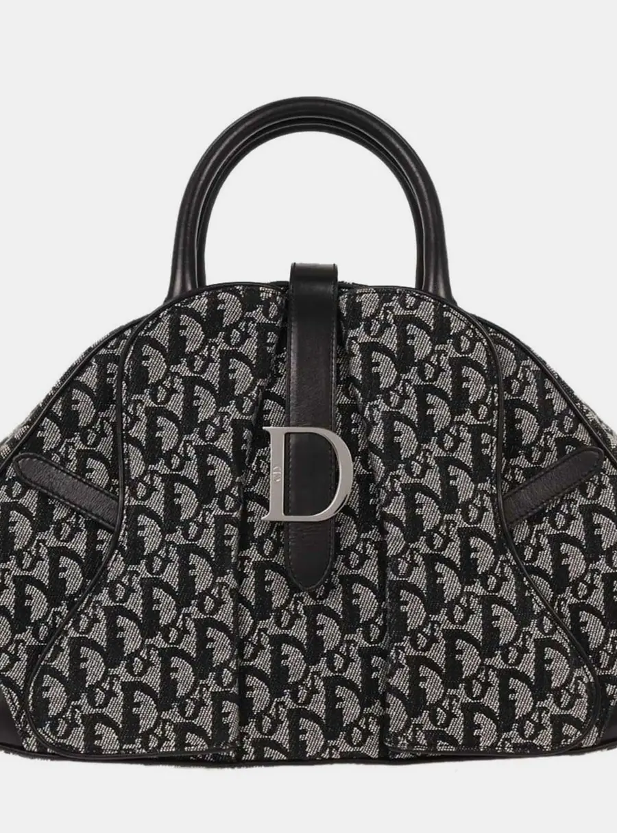 Christian Dior Double Saddle Black Oblique Canvas Leather Top Handle Bag