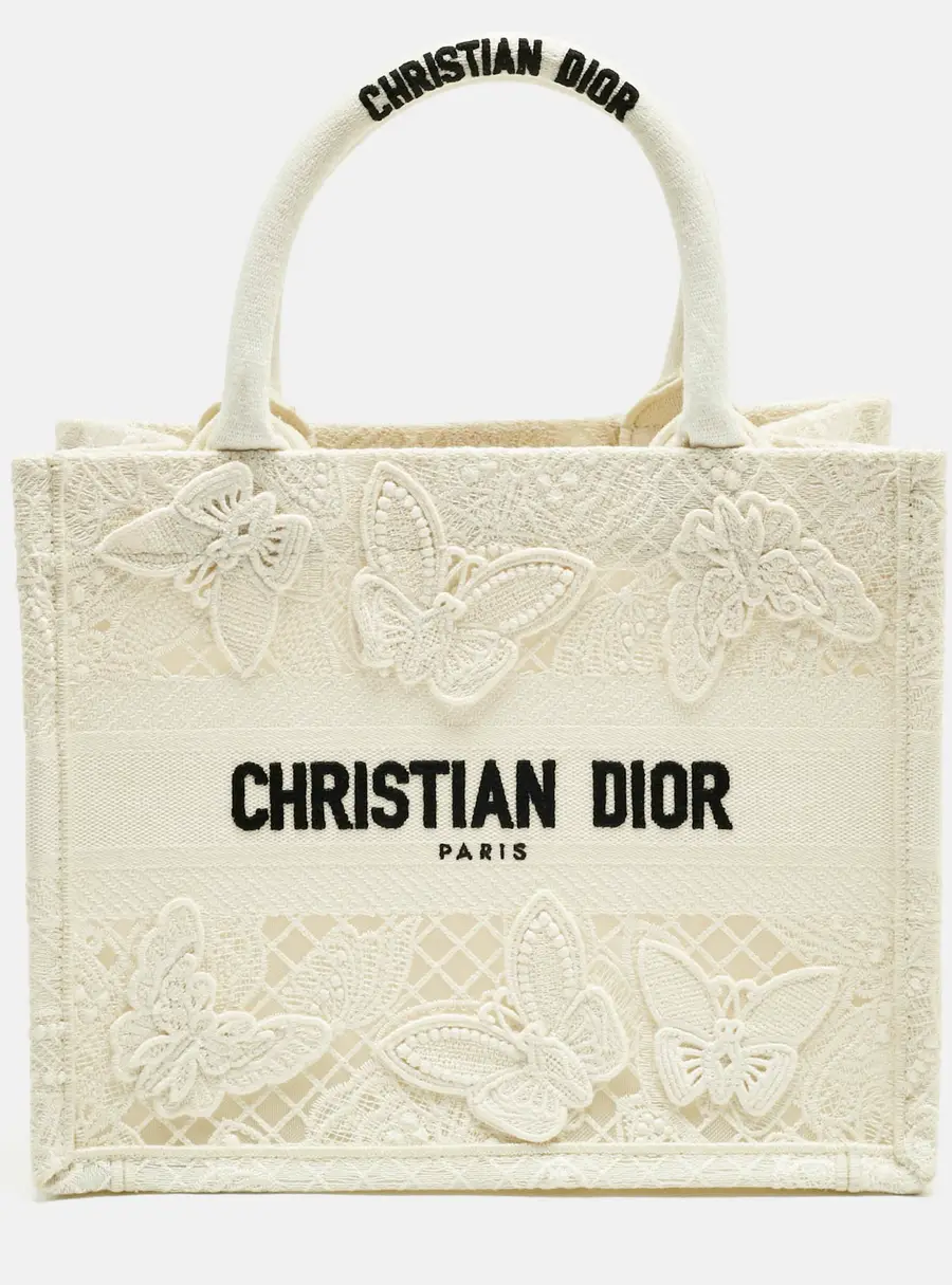Dior White D-Lace Embroidered Canvas Small Book Tote