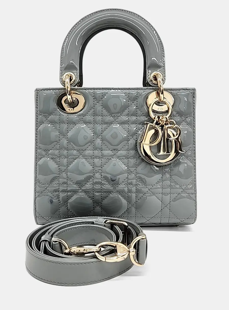 Dior Grey Patent Leather Patent Cannage Lady Bag Small