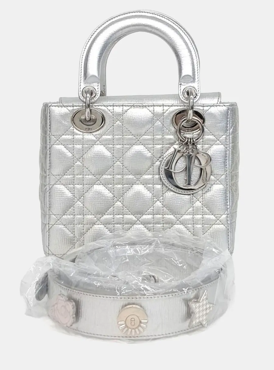 Dior Lady Dior Small Silver Metallic Cannage Lambskin Leather Top Handle Bag