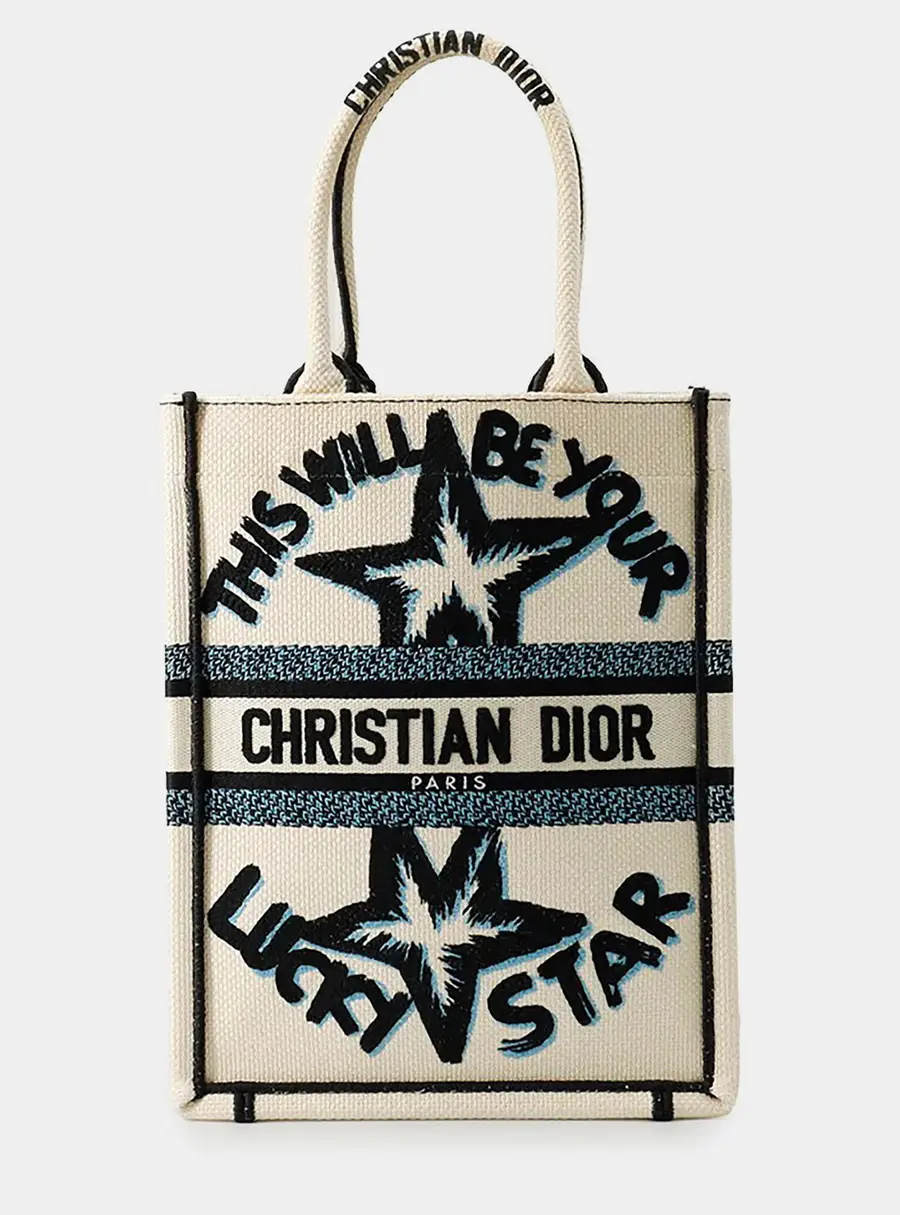Dior Vertical Book Tote Small White Blue Black Canvas Top Handle Bag