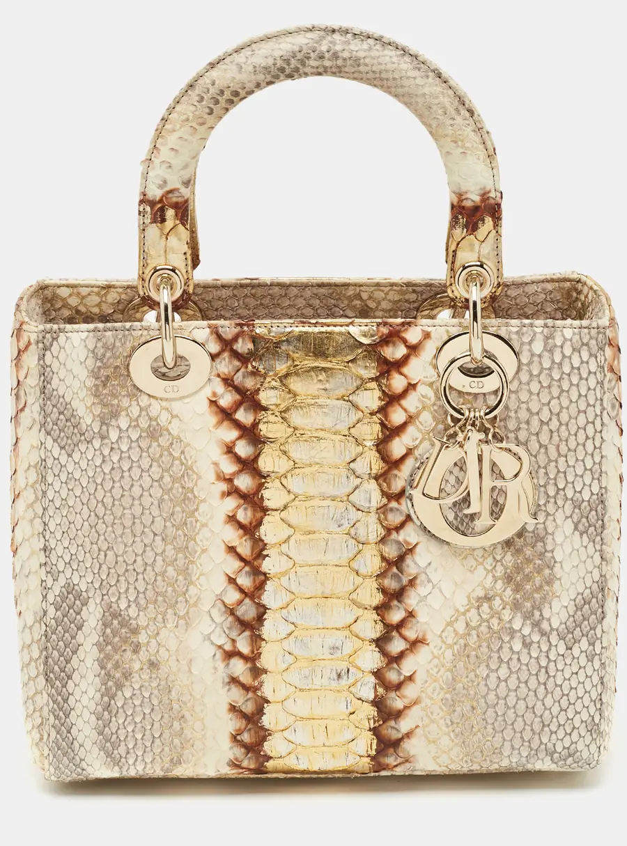 Dior Lady Dior Medium Gold/Beige Python Leather Tote