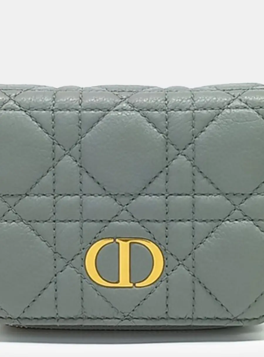 Dior Caro Compact Wallet Blue Grey Cannage Lambskin Leather Wallet