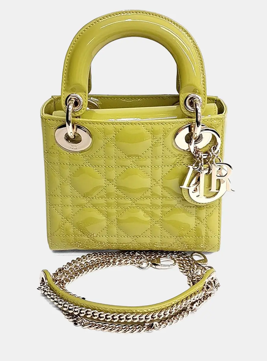Christian Dior Lady Dior Mini Chartreuse Patent Leather Top Handle Bag