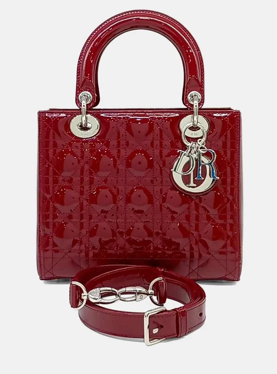 Christian Dior Lady Dior Medium Red Patent Leather Top Handle Bag