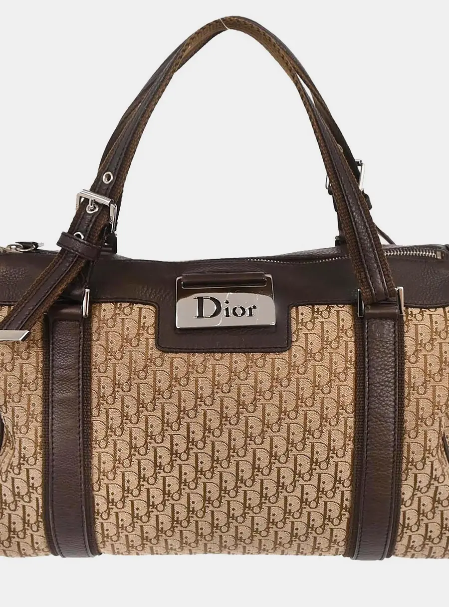 Christian Dior Street Chic Medium Brown Beige Canvas Leather Shoulder Bag