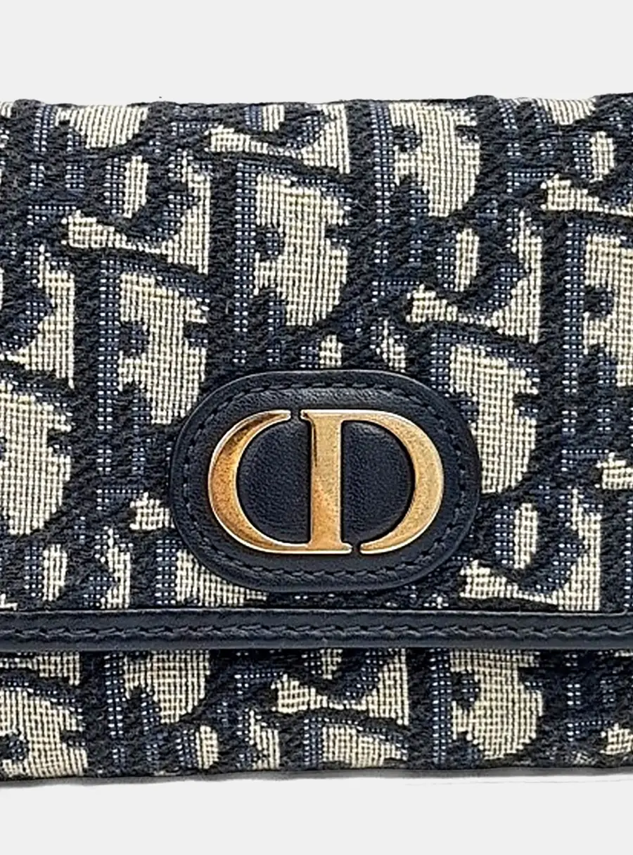Dior 30 Montaigne Tri-Fold Wallet Navy Blue Oblique Canvas Leather Small Wallet Bag