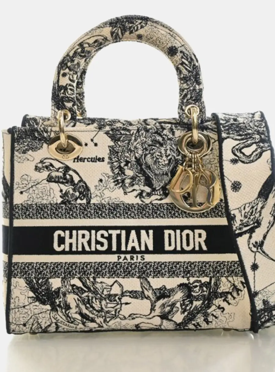 Christian Dior Lady D-Lite Medium Black White Toile de Jouy Zodiac Canvas Top Handle Bag
