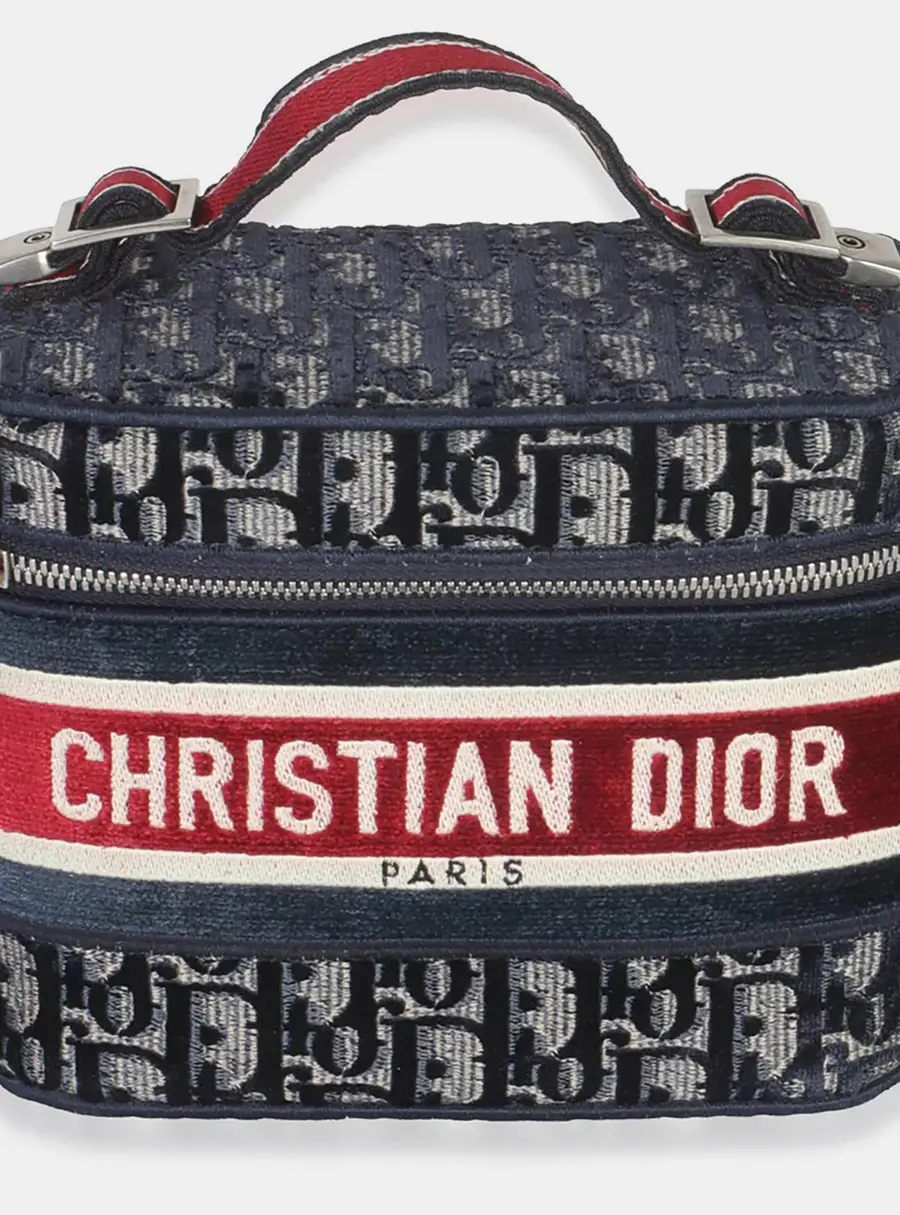 Christian Dior Diortravel Vanity Case Blue Red Oblique Velvet Top Handle Bag