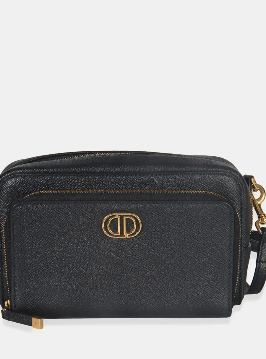 Christian Dior Caro Double Pouch Black Grained Calfskin Leather Crossbody Bag
