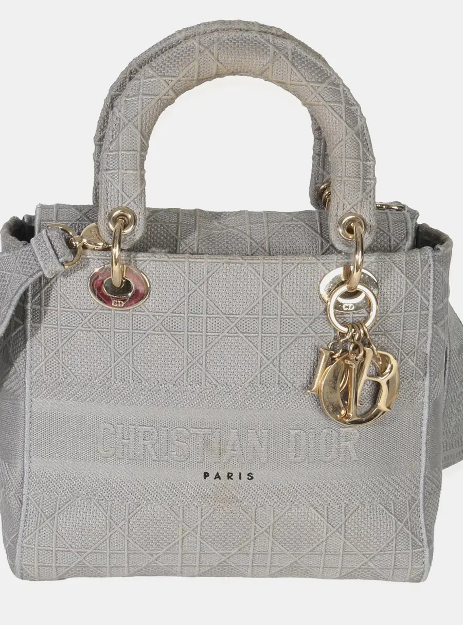 Christian Dior Gray Canvas Cannage Embroidered Medium Lady D-Lite Bag
