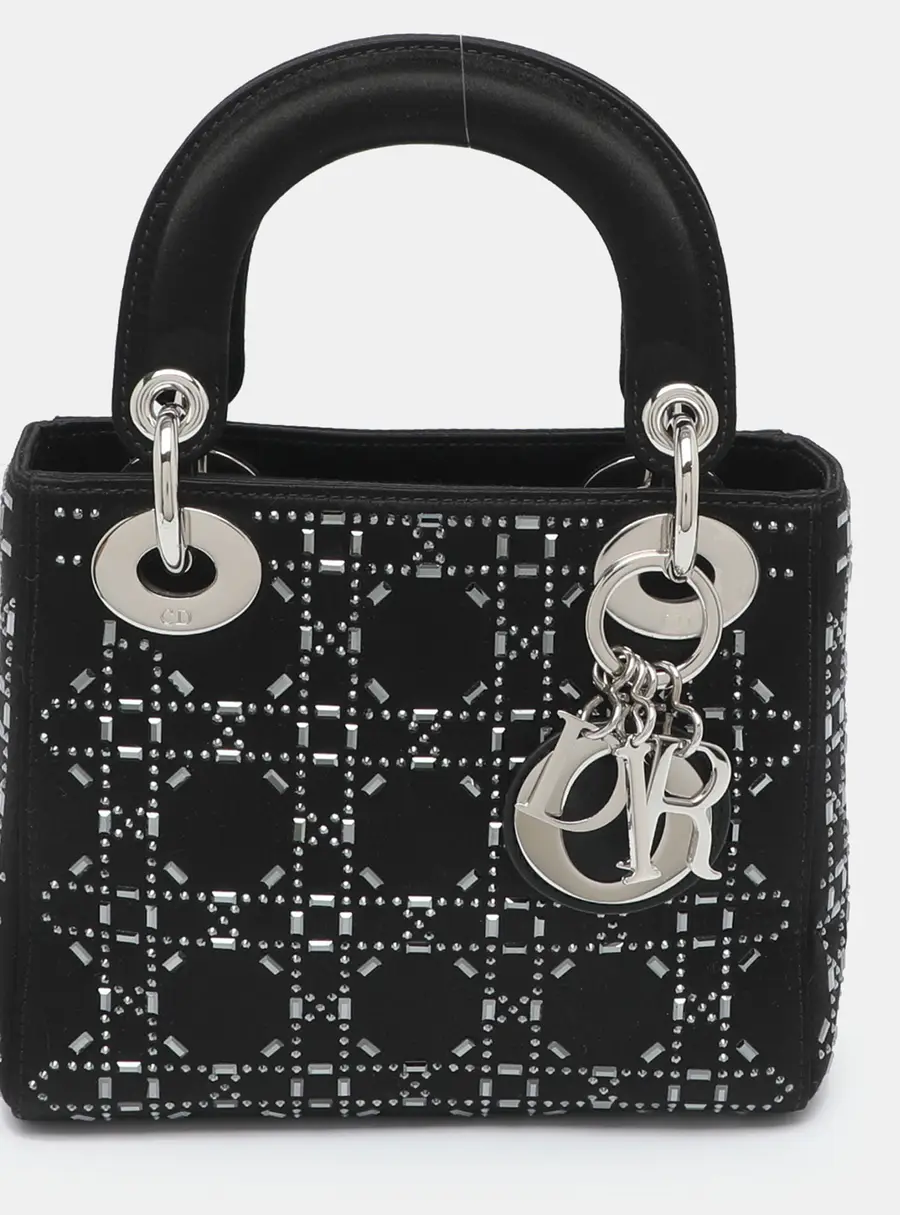 Dior Black Lady Dior Mini Rhinestone Cannage Satin Tote