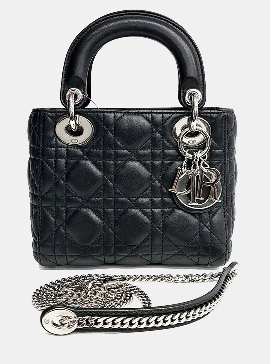 Christian Dior Lady Dior Mini Black Cannage Lambskin Leather Top Handle Bag