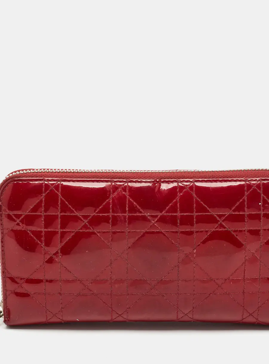 Dior Lady Dior Red Cannage Patent Leather Zip Around Wallet