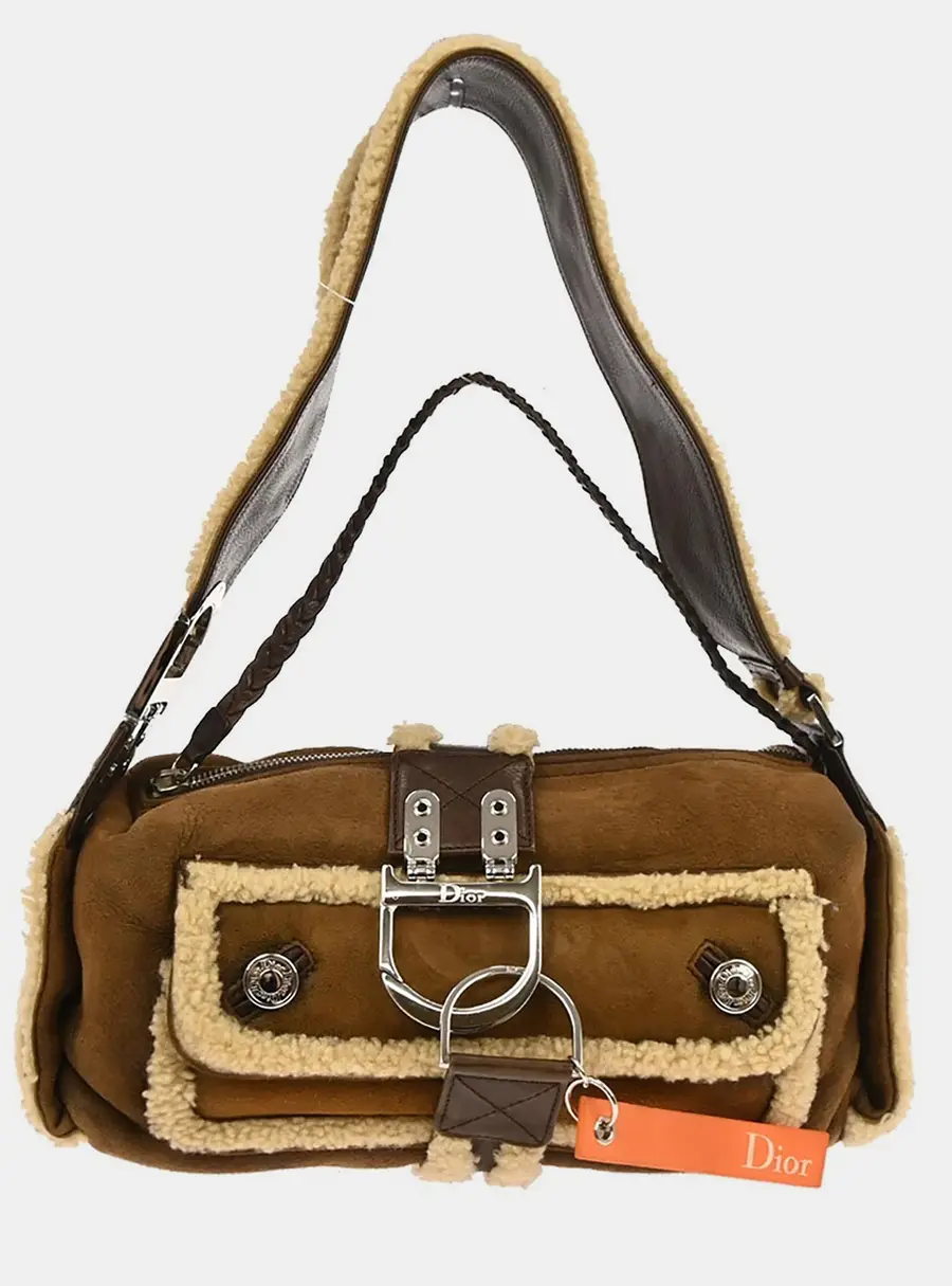 Christian Dior Flight Brown Shearling Leather Shoulder Bag