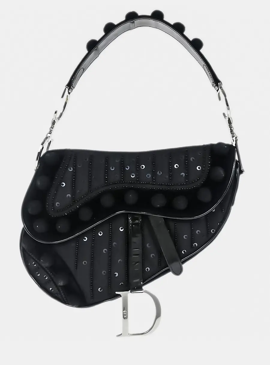 Christian Dior Saddle Black Velvet Sequins Beaded Shoulder Bag