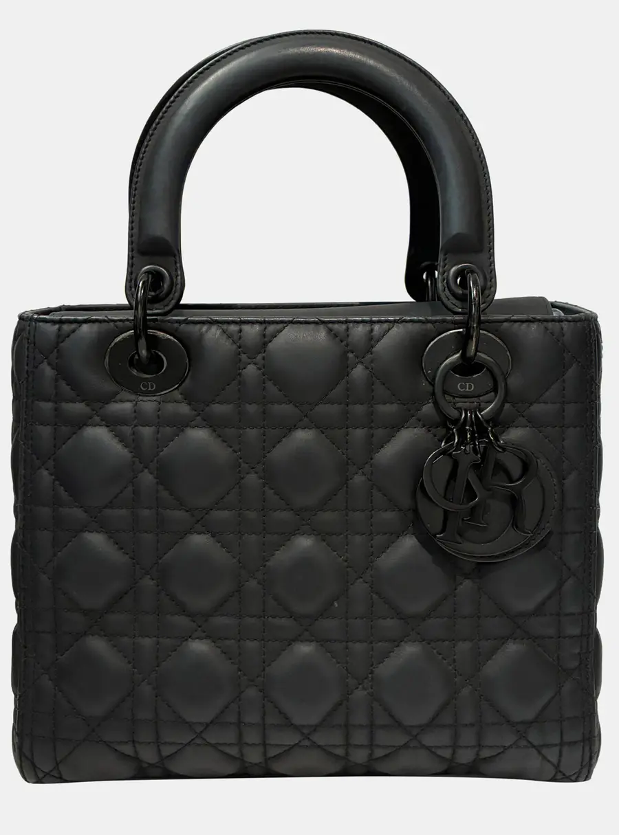 Dior Lady Dior Small Black Cannage Matte Leather Top Handle Bag