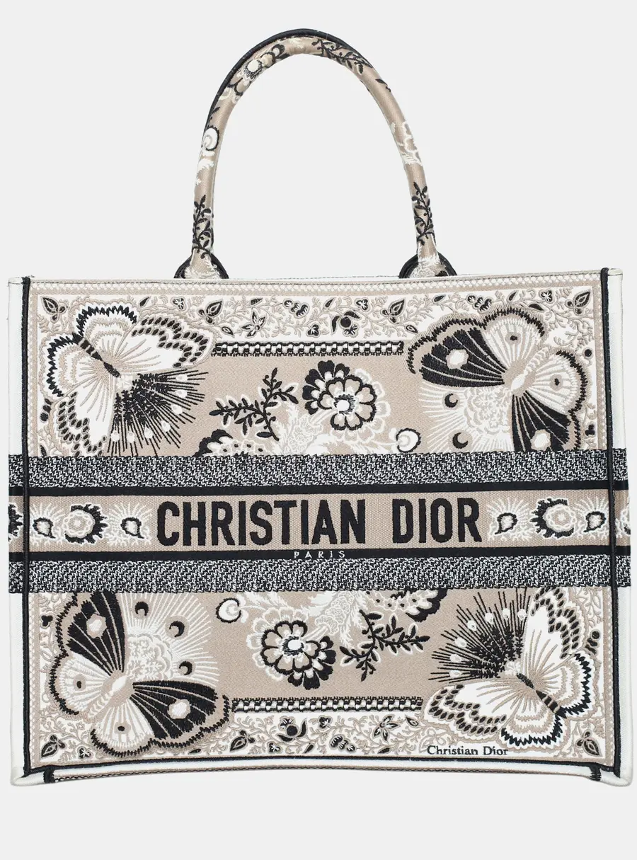 Christian Dior Book Tote Large Beige Multicolor Embroidered Canvas Tote Bag