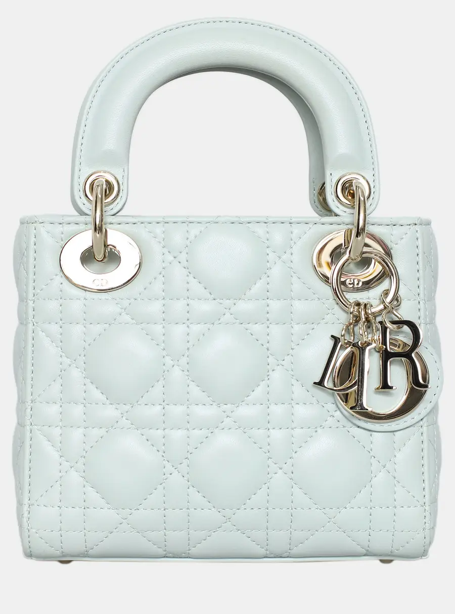 Dior Lady Dior Mini Sage Green Lambskin Leather Top Handle Bag