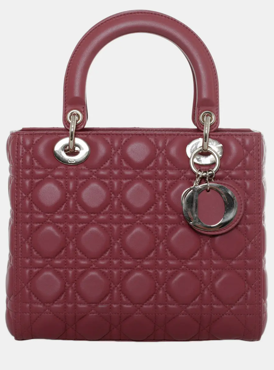 Dior Lady Dior Medium Burgundy Cannage Quilted Lambskin Leather Top Handle Bag
