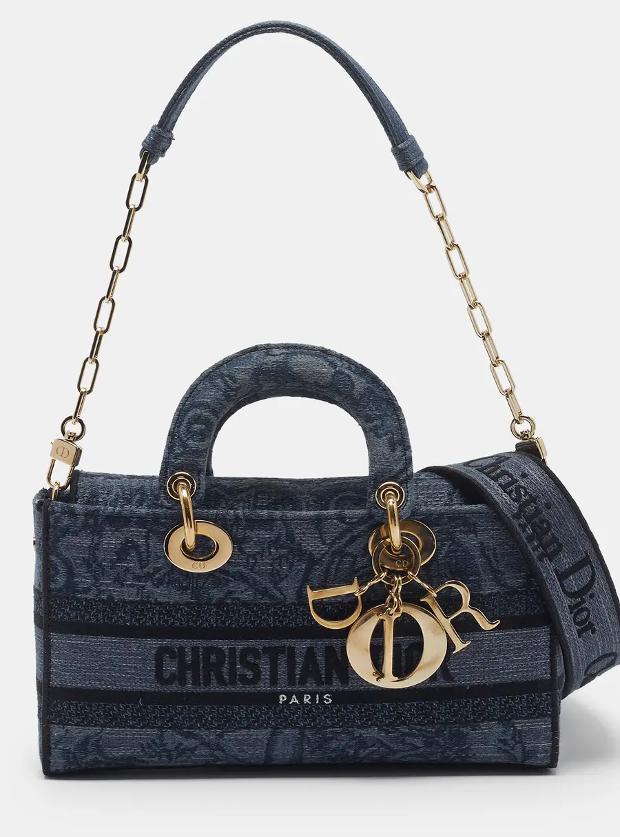 Dior Lady D-Joy Medium Blue/Black Embroidered Denim Tote