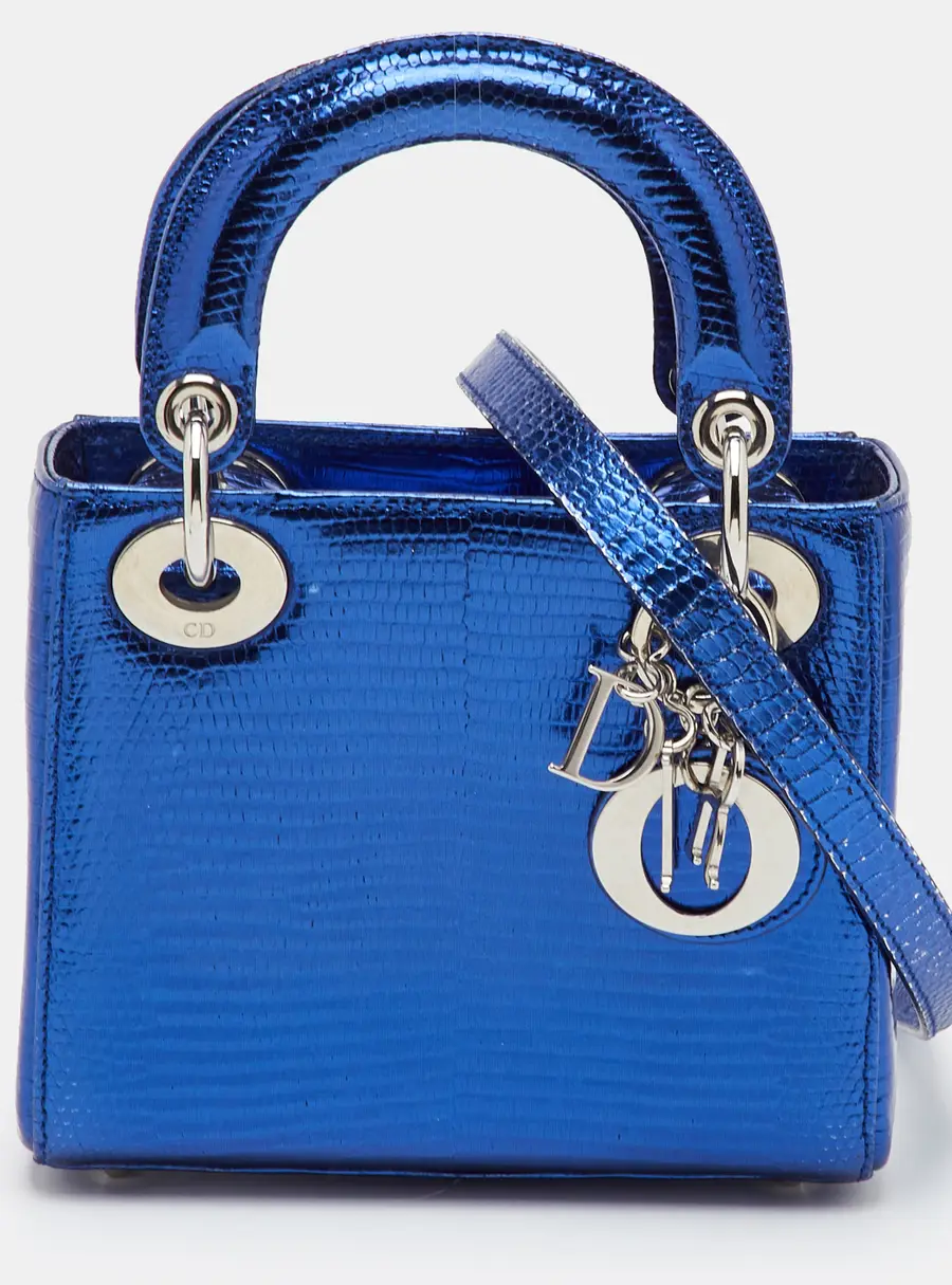 Dior Lady Dior Mini Metallic Blue Lizard Embossed Leather Tote