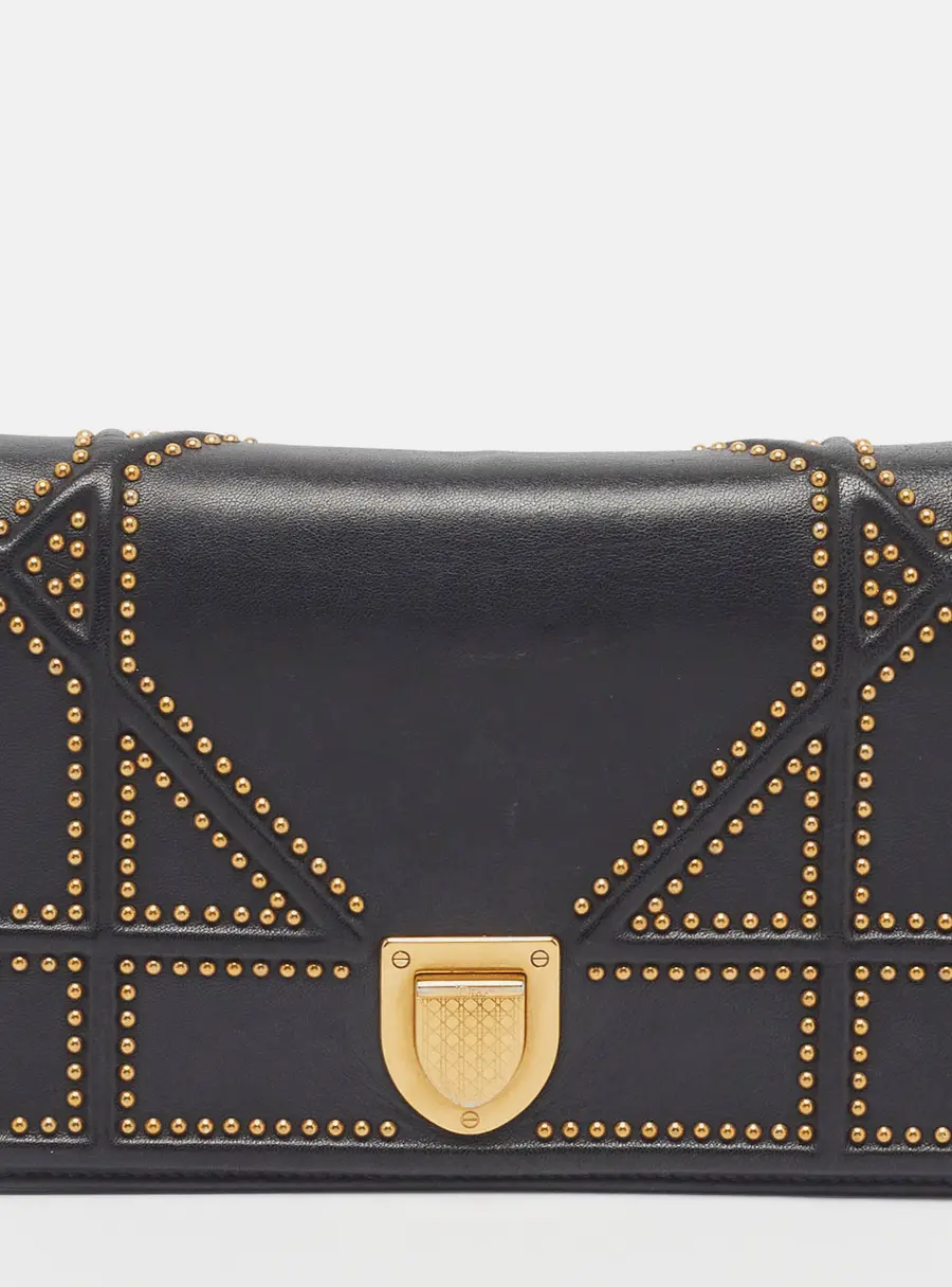 Dior Black Leather Studded Diorama Wallet on Chain