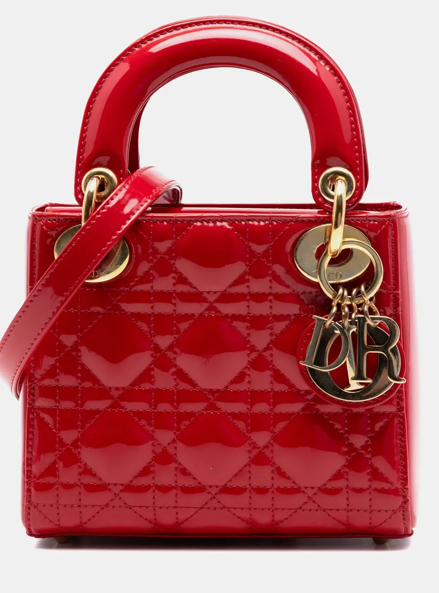 Dior Lady Dior Mini Cherry Red Patent Cannage Calfskin Gold Hardware Top Handle Bag