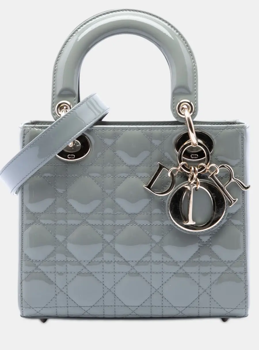 Dior Small Patent Cannage Lady Dior Bag Gray Patent Leather Top Handle Bag