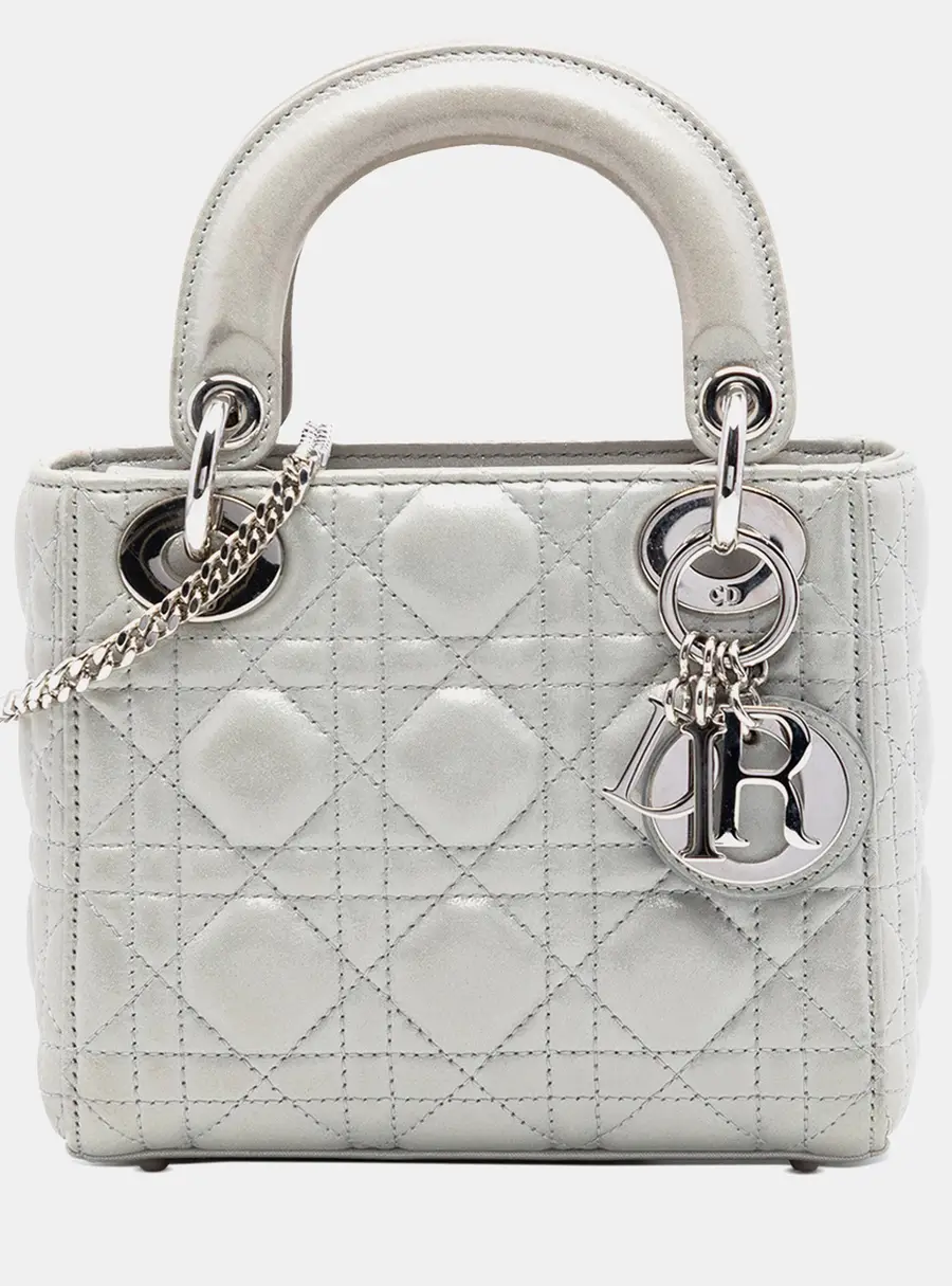 Dior Lady Dior Mini Silver Iridescent Lambskin Cannage Top Handle Bag