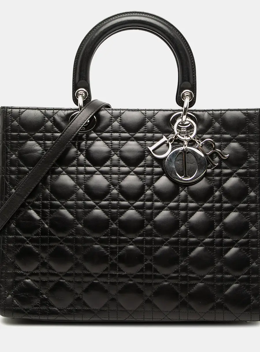 Dior Lady Dior Large Black Cannage Lambskin Leather Top Handle Bag