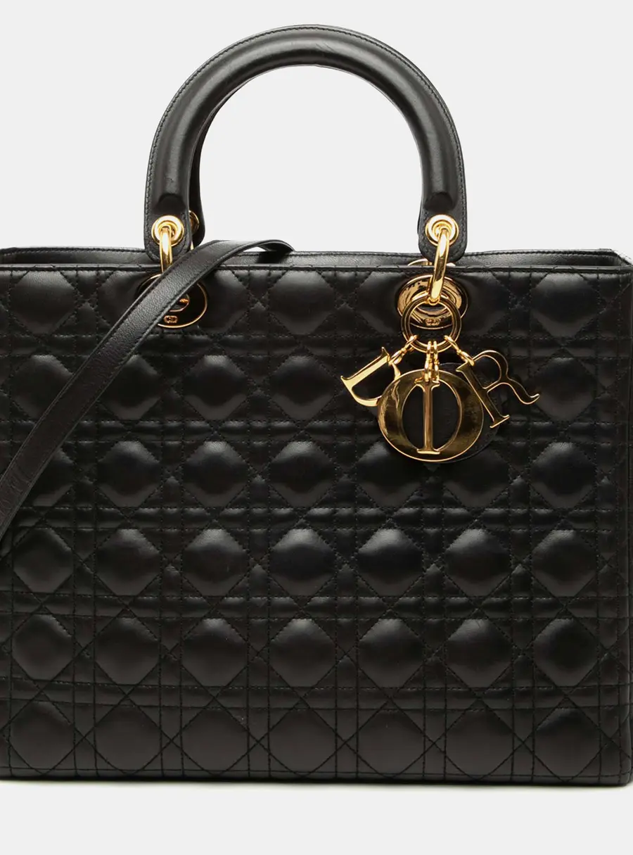 Christian Dior Lady Dior Large Black Lambskin Cannage Top Handle Bag