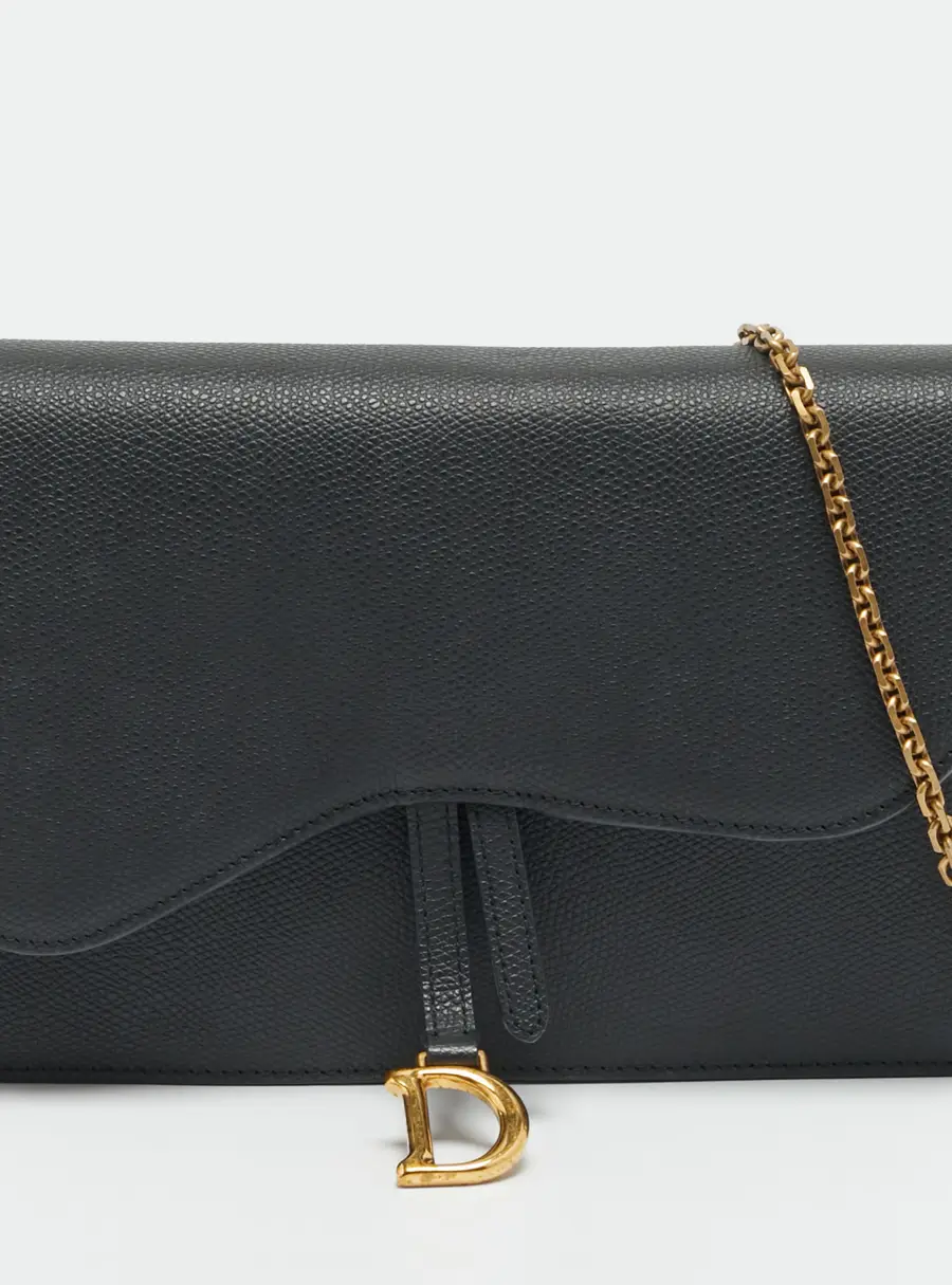 Dior Saddle Pouch Black Leather Wallet On Chain