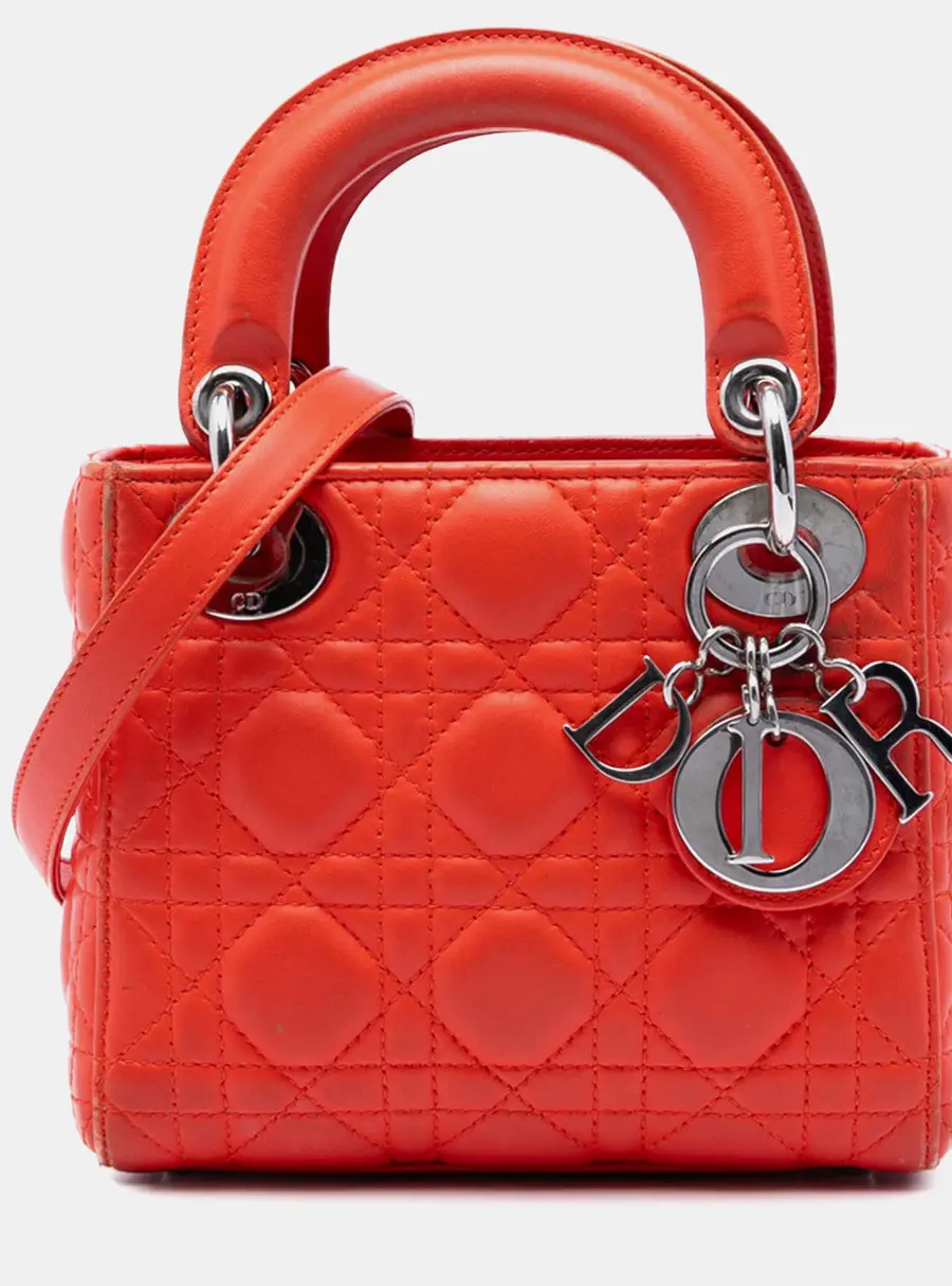 Dior Lady Dior Mini Orange Lambskin Cannage Top Handle Bag