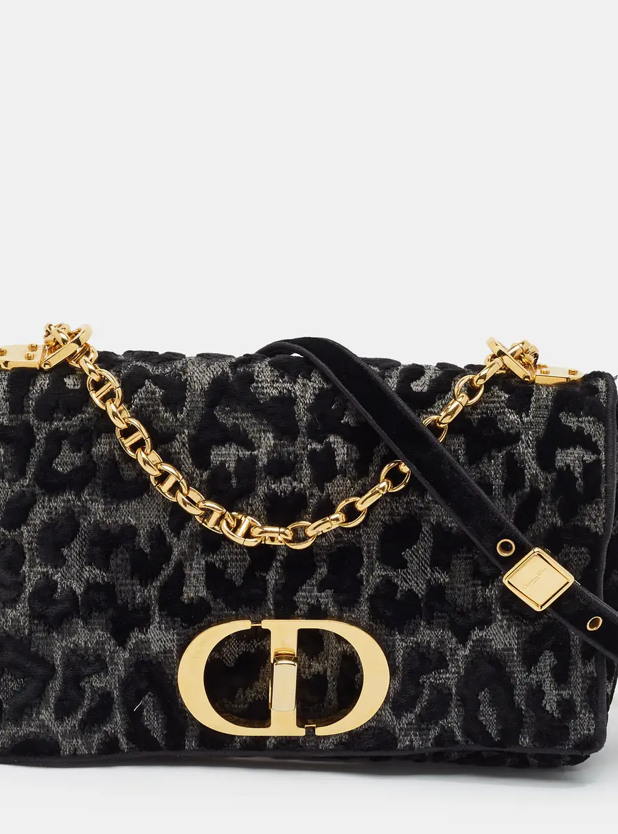 Dior Caro Medium Black/Grey Leopard Velvet and Canvas Shoulder Bag