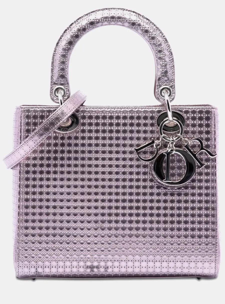 Dior Lady Dior Medium Pink Metallic Patent Leather Top Handle Bag