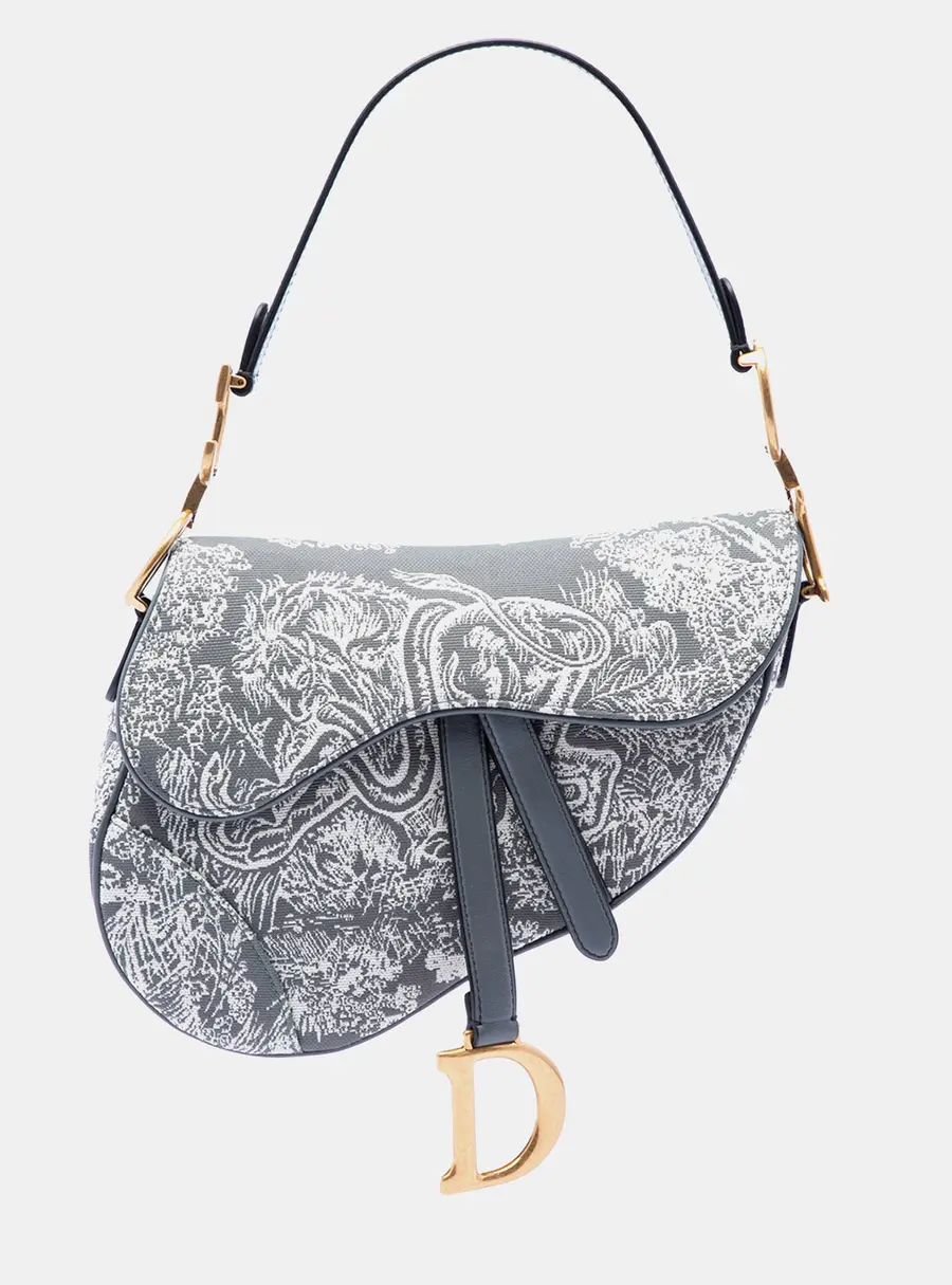 Christian Dior Saddle Medium Gray Canvas Embroidered Reverse Toile De Jouy Shoulder Bag