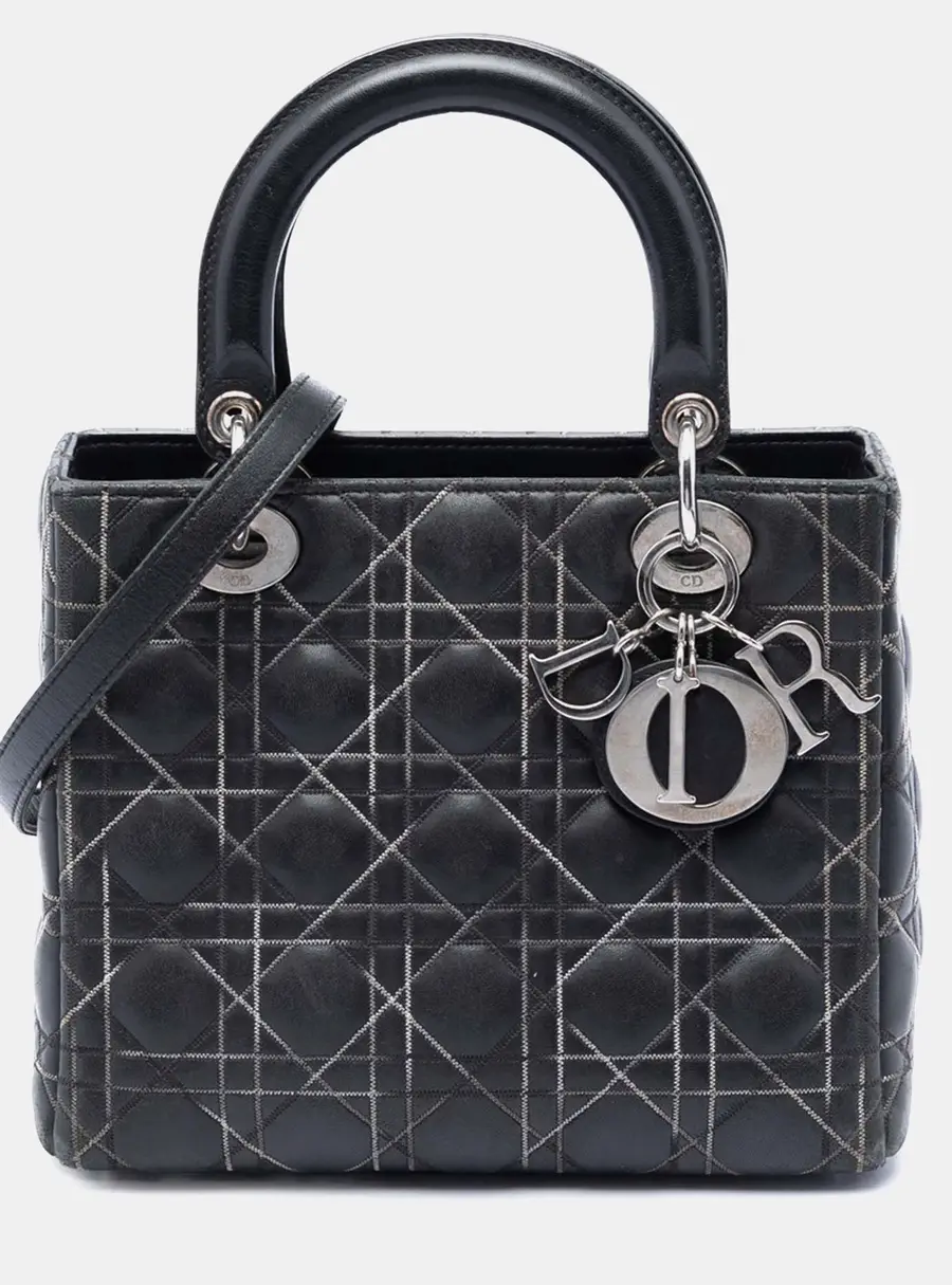 Dior Black Christian Dior Lady Dior Medium Black Lambskin Leather Top Handle Bag