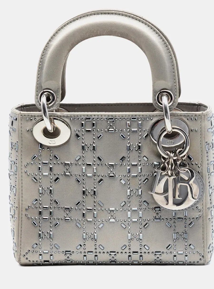 Christian Dior Mini Lady Dior Grey Satin Crystal Embellished Top Handle Bag