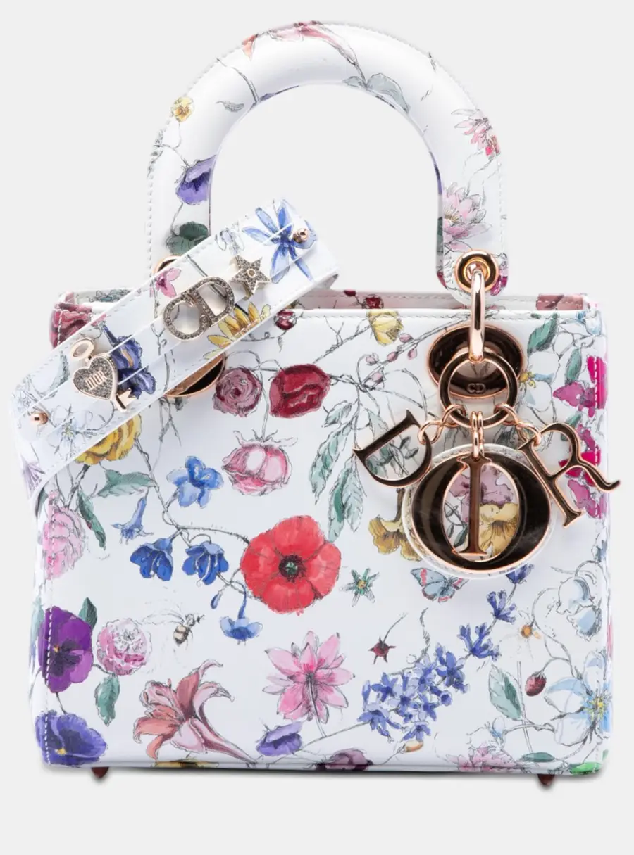 Christian Dior Florilegio My ABCDior Small White Multicolor Printed Calfskin Leather Top Handle Bag