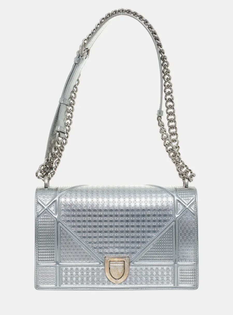Dior Diorama Medium Silver Mirrored Calfskin Leather Flap Bag