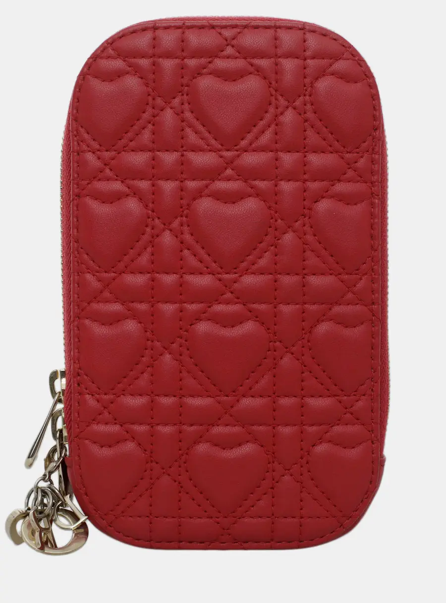 Dior Lady Dior Tech Red Lambskin Leather Phone Holder Bag