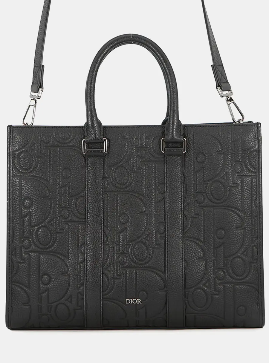 Dior East-West Medium Black Grained Calfskin Leather Tote Bag