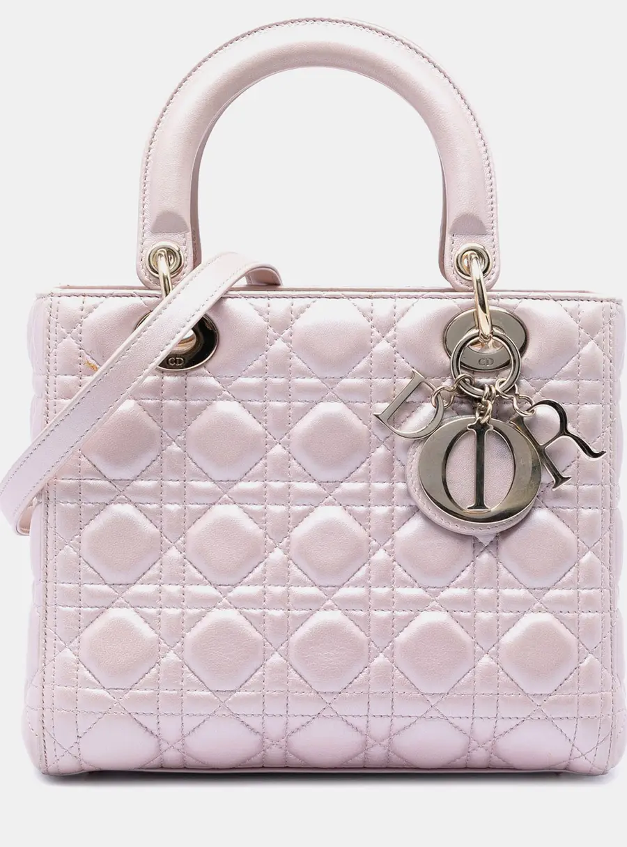 Christian Dior Lady Dior Medium Pink Pearlescent Lambskin Leather Top Handle Bag