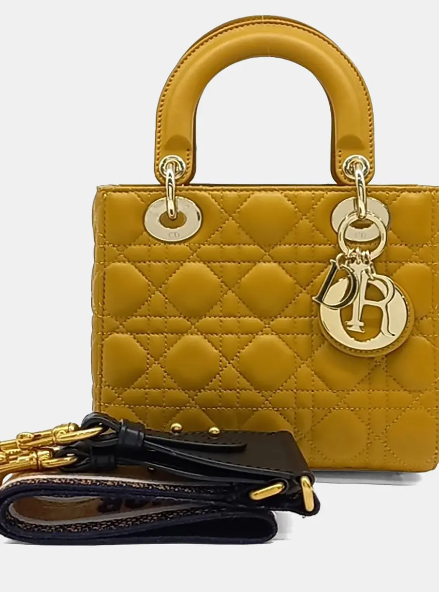 Christian Dior Lady Dior Small Yellow Lambskin Leather Top Handle Bag